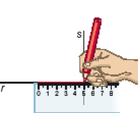 Imagem: Ilustração. A mão segura um lápis vermelho sobre uma régua na reta r e faz um traço entre os números 0 e 5.   Fim da imagem.