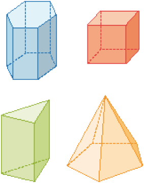 Imagem: Ilustração. Prisma com base hexagonal azul, cubo laranja, prisma com base triangular verde e pirâmide com base pentagonal amarela.  Fim da imagem.