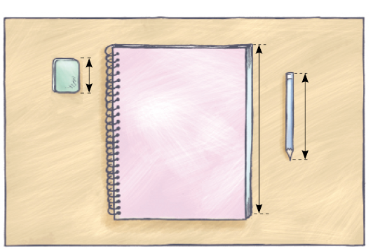 Imagem: Ilustração. Vista de cima de uma borracha pequena, um caderno grande e um lápis médio. Fim da imagem.