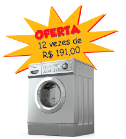 Imagem: Ilustração. Uma máquina de lavar roupas. Acima, placa com a informação: OFERTA – 12 VEZES DE R$ 191,00.  Fim da imagem.