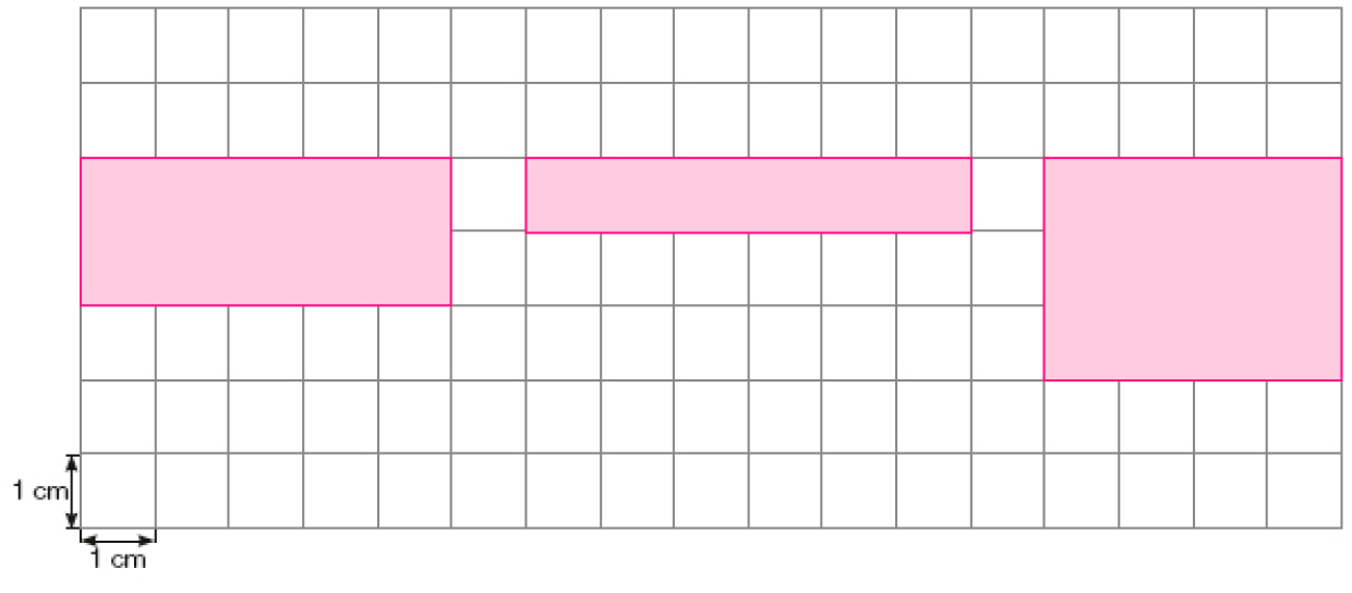 Imagem: Ilustração. Malha quadriculada. Cada quadradinho mede 1 cm de comprimento e 1 cm de largura. Há um retângulo ocupando dez quadradinhos. Em seguida, uma faixa ocupando seis quadradinhos. À direita, um retângulo ocupando doze quadradinhos. Fim da imagem.