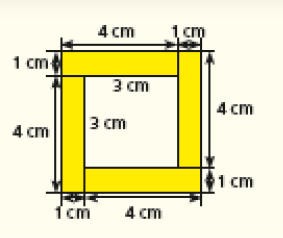 Imagem: Ilustração. Dois retângulos na vertical e dois na horizontal sobrepostos, formando um quadrado vazado. Cada retângulo mede 4 cm de comprimento, 1 cm de largura e a parte que não está sobreposta mede 3 cm de comprimento.  Fim da imagem.