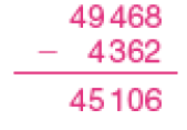 Conta de subtração na vertical. Acima, o número 49.468. Em seguida, sinal de subtração, e o número 4.362. Abaixo, traço horizontal e o resultado: 45.106.