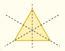 Imagem: Ilustração. Triângulo Equilátero e sobre ele há uma linha pontilhada vertical e duas linhas pontilhadas diagonais.   Fim da imagem.