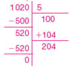 Divisão na chave. À esquerda da chave, o dividendo: 1.020. À direita da chave, o divisor: 5. Abaixo de 1.020, sinal de subtração e o número 500. Traço na horizontal, 520, sinal de subtração, 520, traço na horizontal, resto: 0. Abaixo do divisor, 100, sinal de adição, 104, traço na horizontal, quociente: 204.  