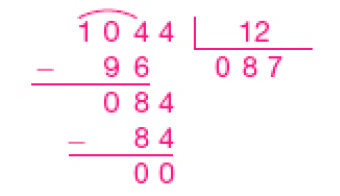 Divisão na chave. À esquerda da chave, o número 1.044 (dividendo). À direita da chave, 12 (divisor). Abaixo de 1.044, sinal de subtração e o número 96. Traço abaixo, o resultado 084, sinal de subtração, 84, traço horizontal e o resto: 00. Abaixo da chave, quociente 087.  