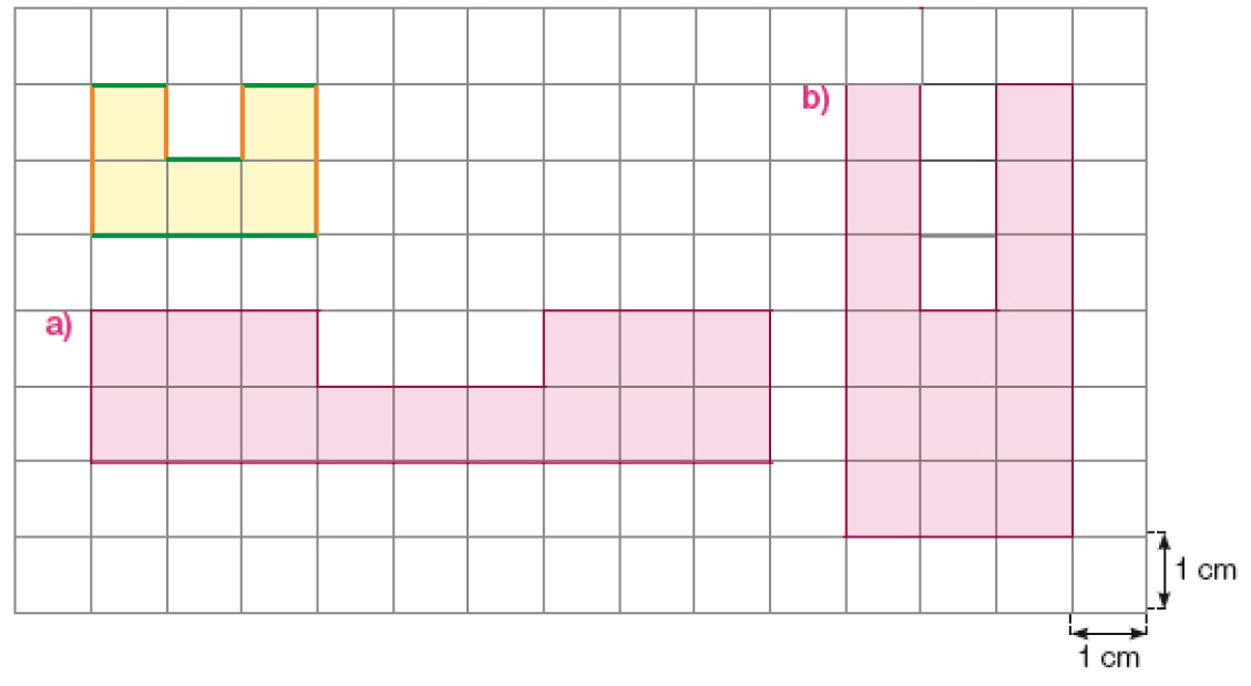 Imagem: Ilustração. Malha quadriculada com quinze colunas e oito fileiras. Cada quadradinho mede 1 cm de altura e 1 cm de largura. À esquerda, cinco quadradinhos amarelos. a) Abaixo, quinze quadradinhos rosa. b) À direita, quinze quadradinhos rosa.  Fim da imagem.