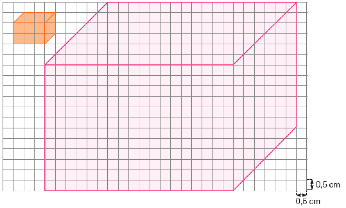 Imagem: Ilustração. Malha quadriculada. Cada quadradinho mede 0,5 cm de altura e 0,5 cm de largura. À esquerda, paralelepípedo laranja ocupando onze quadradinhos. Resposta: À direita, paralelepípedo ocupando seis vezes o tamanho do paralelepípedo laranja.    Fim da imagem.