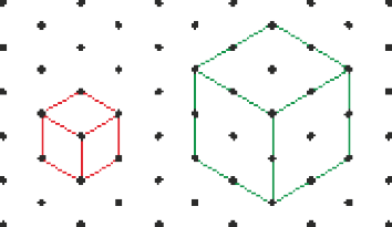 Imagem: Ilustração. Malha pontilhada. À esquerda, cubo laranja, composto por sete pontos. À direita, cubo verde, composto por dezesseis pontos. Fim da imagem.