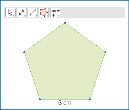 Imagem: Ilustração. Software. Na parte superior, botões. Abaixo, um pentágono com 3 cm.  Fim da imagem.