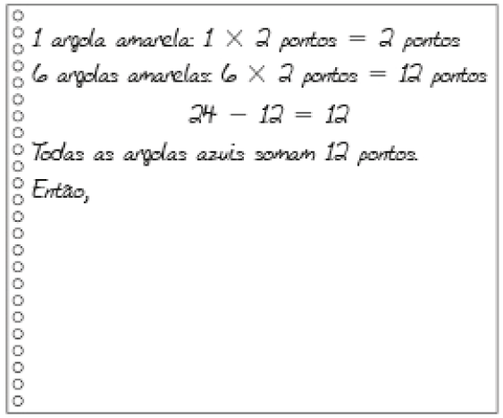 Imagem: Ilustração. Folha de caderno com a informação: 1 argola amarela: 1 x 2 pontos = 2 pontos; 6 argolas amarelas: 6 x 2 pontos = 12 pontos; 24 - 12 = 12; Todas as argolas azuis somam 12 pontos. Então, espaço para resposta. Fim da imagem.