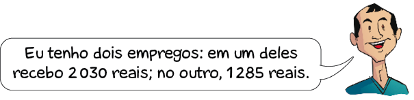 Imagem: Ilustração. Rafael, homem calvo sorri e fala: Eu tenho dois empregos: em um deles recebo 2.030 reais; no outro, 1.285 reais.  Fim da imagem.