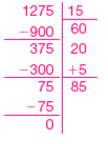 Imagem: Divisão na chave. À esquerda da chave, o dividendo: 1.275. À direita da chave, o divisor: 15. Abaixo de 1.275, sinal de subtração e o número 900. Traço na horizontal, 375, sinal de subtração, 300, traço na horizontal, 75, sinal de subtração, 75, traço horizontal e o resto: 0. Abaixo do divisor, 60, 20, sinal de adição, 5, traço na horizontal, quociente: 85. Fim da imagem.