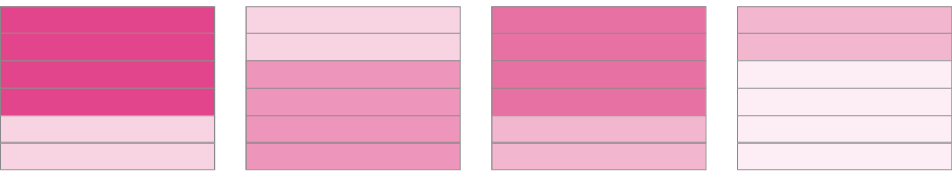 Imagem: Ilustração. Quatro quadrados divididos em seis partes cada um. O primeiro quadrado está com quatro partes pintadas de rosa-escuro e duas partes de rosa-claro. O segundo quadrado está com duas partes pintadas de rosa-claro e quatro partes de rosa-claro. O terceiro quadrado está com quatro partes pintadas de rosa-escuro e duas de rosa. O quarto quadrado está com duas partes pintadas de rosa e quatro partes de rosa-claro. Fim da imagem.