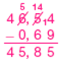 Imagem: Conta de subtração na vertical. Acima, o número 6,54 (O número 6 está riscado com o número 4 ao lado e o número 5 acima. Em seguida, o número 5 está riscado com o número 14 acima. E ao lado do número 4 há o número 1). Abaixo, sinal de subtração e o número 0,69. Em seguida, traço horizontal e o resultado: 45,85.   Fim da imagem.