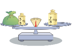 Imagem: Ilustração. Balança de pratos em equilíbrio. No prato à esquerda, um saco verde e pequeno e um peso com cinco oitavos kg. No prato à direita, um peso com sete oitavos kg.    Fim da imagem.