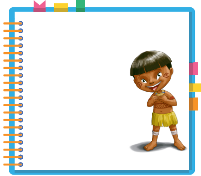 Imagem: Ilustração. Um menino indígena, com o rosto e corpo pintados, usando uma saia. Ele está em pé com as mãos sobre o peito. Ao redor, borda azul com espiral amarela à esquerda. Há uma um pedaço de fita rosa, amarela e verde na parte superior e rosa, amarela e laranja à direita. Fim da imagem.