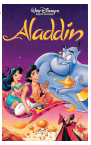 Imagem: Cartaz de filme. Na parte superior, título do filme. Aladdin. À esquerda, Yasmin, menina com cabelos presos usando um top e uma calça azul. E Aladdin, menino com cabelos pretos, usando um colete roxo e uma calça branca. Eles estão sentados em cima de um tapete voador. À direita, o gênio da lâmpada, um homem azul com um brinco na orelha, segurando com a mão direita uma lâmpada com haste e ponta. Abaixo, um palácio e uma pessoa de roupas pretas.  Fim da imagem.