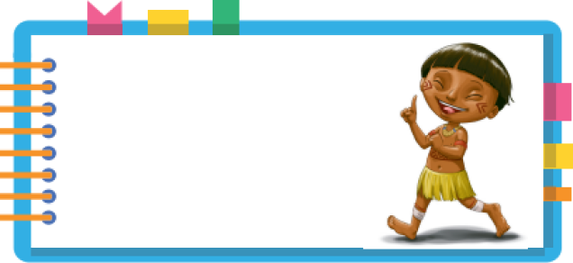 Imagem: Ilustração. Um menino indígena com o rosto pintado, usando saia. Ele sorri com os olhos fechados, estendendo o dedo indicador para cima. Ao redor, borda azul com espiral amarela à esquerda. Há uma um pedaço de fita rosa, amarela e verde na parte superior e rosa, amarela e laranja à direita. Fim da imagem.