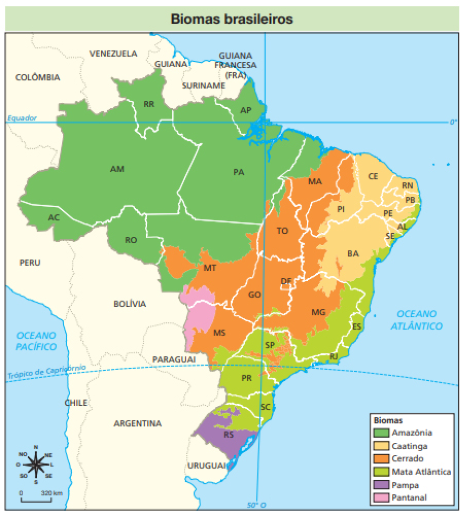 Imagem: Mapa. Biomas brasileiros.  Legenda. Biomas: Amazônia: Representado pela cor verde escura, compreendendo os estados do norte do Brasil.  Caatinga: Representado pela cor laranja claro, compreendendo os estados do Ceará, Rio Grande do Norte e Paraíba. Oeste de Pernambuco, Alagoas, Sergipe. Centro da Bahia e leste do Piauí. Norte de Minas Gerais.  Cerrado: Representado pela cor laranja escura, compreendendo os estados de Goiás, Tocantins e Maranhão. Oeste do Piauí, Bahia, Minas Gerais e Mato Grosso do Sul. Norte do Mato Grosso. Centro de São Paulo e norte do Paraná. Norte do Paraná. Mata Atlântica: Representado pela cor verde claro, compreendendo o norte do Rio Grande do Sul. Todo o estado de Santa Catarina, Paraná, São Paulo, Rio de Janeiro, Espírito Santo. Norte do Mato Grosso do Sul e Goiás e litoral da Bahia, Sergipe e Alagoas.  Pampa: Representado pela cor roxa, compreendendo o Sul do Rio Grande do Sul. Pantanal: Representado pela cor lilás, compreendendo o oeste do Mato Grosso do Sul e norte do Mato Grosso.  No canto direito à esquerda, apresentação da rosa dos ventos e escala de 0 a 320 km.  Fim da imagem.