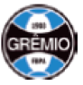 Brasão do Grêmio-RS, composto por um círculo azul e branco com uma faixa preta no meio com o nome do time. 