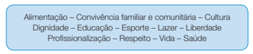 Imagem: Quadro com as seguintes palavras: Alimentação – Convivência familiar e comunitária – Cultura Dignidade – Educação – Esporte – Lazer – Liberdade – Profissionalização – Respeito – Vida – Saúde. Fim da imagem.