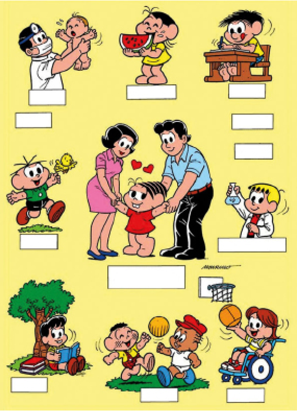 Imagem: Esquema. Diversas ilustrações da turma da Mônica, sendo: Ilustração 1. Um homem com roupas brancas, máscara, segurando um bebe no colo. Abaixo, espaço para preencher. 2. Magali, menina robusta, usando um vestido amarelo e segurando uma fatia de melancia com as mãos e sorrindo. Abaixo, espaço para preencher. 3. Chico Bento, um menino usando blusa amarela e calça xadrez. Ele está sentado em uma carteira escolar, segurando um lápis sobre o papel com a língua de fora. Abaixo, espaço para preencher. 4. Cebolinha, menino com cinco fios de cabelos, usando blusa verde e short preto. Ele está olhando na direção de um passarinho voando. Abaixo, espaço para preencher. 5. Mônica, menina com dentes destacados, usando um vestido vermelho de mãos dadas com seu pai e sua mãe. Sobre sua cabeça há corações. Abaixo, espaço para preencher. 6. Franjinha, menino loiro com franja, usando um jaleco e segurando um tubo de vidro na mão. Abaixo, espaço para preencher.  7. Titi, menino com os dentes da frente à mostra, usando blusa listrada e short, sentado embaixo de uma árvore segurando um livro aberto. Abaixo, espaço para preencher. 8. Cascão, menino com cabelo crespo, camiseta amarela e macacão xadrez e Jeremias, menino negro, usando chapéu vermelho e roupas brancas. Eles estão correndo atrás de uma bola. Abaixo, espaço para preencher. Resposta: Lazer.  9.Lucca, menino com cabelos lisos, blusa listrada e sentado em uma cadeira de roda, segurando uma bola na direção de uma cesta. Abaixo, espaço para preencher. Resposta: Esporte. 10. Quadrado, com espaço para preencher. 11. Quadrado, com espaço para preencher.  12. Quadrado, com espaço para preencher.   Fim da imagem.