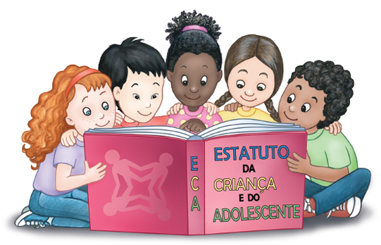 Imagem: Ilustração. Cinco crianças abraçadas e sentadas, com um livro aberto. Na capa, o texto: ECA. ESTATUTO DA CRIANÇA E DO ADOLESCENTE. Fim da imagem.