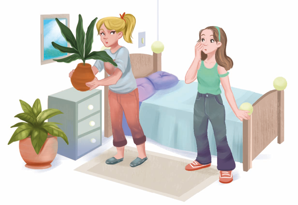 Ilustração. Duas garotas em um quarto. Menina loira, com o cabelo preso com uma fita vermelha, vestindo calça marrom e camiseta e sapatos azuis. Ela coloca um vaso de plantas em cima de uma cômoda. Ao lado dela, menina de cabelo castanho solto e liso com uma tiara verde, calça jeans, camiseta verde e sapato laranja. Ela está com a mão direita no rosto. De um dos lados da cômoda há mais um vaso com planta.