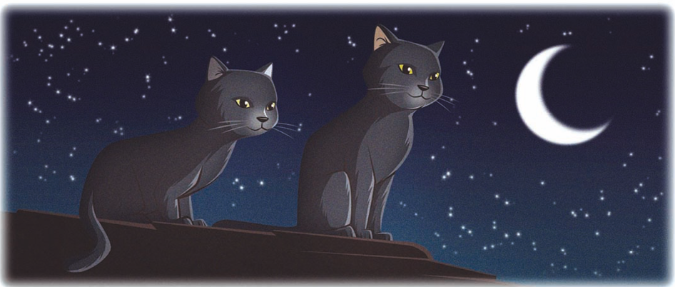 Ilustração. Dois gatos pretos em cima de um telhado. No céu, estrelas e lua crescente.