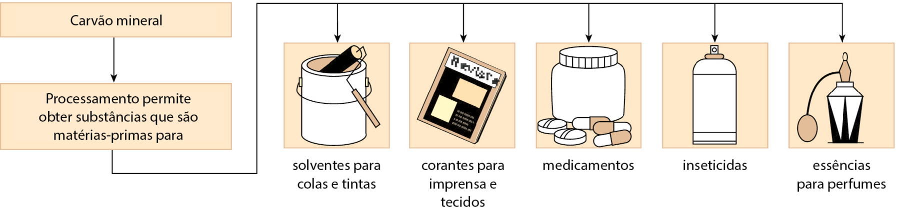 Esquema. Carvão mineral. (Seta) Processamento permite obter substâncias que são matérias-primas para: solvente para colas e tintas (ilustração de uma lata de tinta e pincel); corantes para imprensa e tecidos (ilustração de uma revista); medicamentos (ilustração de um pote com tampa atrás de cápsulas e comprimidos); inseticidas (ilustração de um embalagem para aerossol); essências para perfumes (ilustração de uma embalagem de vidro decorada).