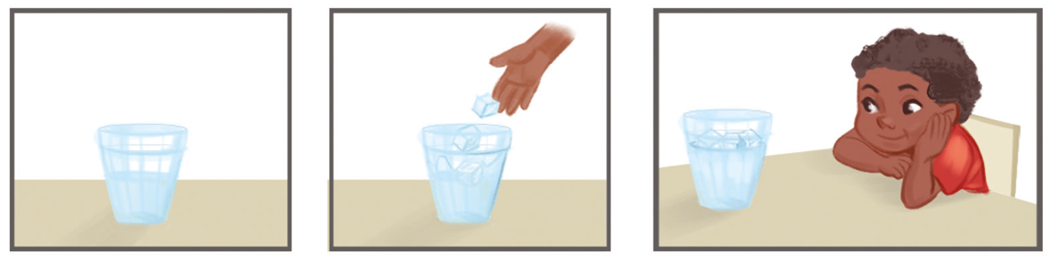 Ilustração. Um copo de vidro com água até a metade.
Ilustração. Destaque para a mão de uma pessoa colocando um cubo de gelo em um copo de vidro com água dentro até a metade. 
Ilustração. Menino negro de cabelo cacheado e camiseta vermelha. Ele está com o rosto apoiado na mão e observa na mesa na frente dele um copo de vidro com água e gelo dentro.