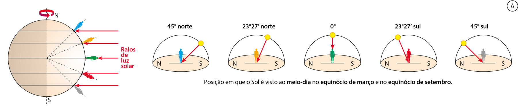 Ilustração A. Círculo representando o planeta Terra com um eixo vertical passando pelo centro e uma seta ao redor do eixo indicando o sentido de rotação. A metade esquerda do planeta está sombreada. Há cinco linhas na horizontal e na ponta de cada uma delas, contorno de uma pessoa colorida. Todas as pessoas estão ligadas por linhas tracejadas até o centro do círculo. Há setas horizontais da direita para a esquerda, incidindo na superfície do planeta, representando os raios de luz solar. Ao lado, sequência de cinco semiesferas com uma pessoa no centro, na altura da linha do horizonte, e as direções Norte e Sul marcadas embaixo. Posição em que o Sol é visto ao meio-dia no equinócio de março e no equinócio de setembro. Primeira: 45 graus norte. Há uma bolinha amarela à direita, a 45 graus da linha do horizonte, de onde sai uma seta até o centro. Segunda: 23 graus e 27 minutos norte. Há uma bolinha amarela à direita, mais próxima da posição vertical, de onde sai uma seta até o centro. Terceira: 0 grau. Há uma bolinha amarela no ponto mais alto, de onde sai uma seta até o centro. Quarta: 23 graus e 27 minutos sul. Há uma bolinha amarela um pouco para a esquerda, de onde sai uma seta até o centro. Quinta: 45 graus sul. Há uma bolinha amarela à direita, a 45 graus da linha do horizonte, de onde sai uma seta até o centro.