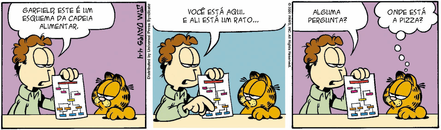 Ilustração. Tirinha colorida em três quadros. Um gato amarelo rajado em preto e um homem de cabelo castanho cacheado e camisa verde com grandes olhos semiabertos. Quadro 1: o homem mostra uma folha com um fluxograma para o gato e diz: Garfield, este é um esquema da cadeia alimentar. Quadro 2: o homem aponta para o fluxograma e continua: você está aqui. E ali está um rato... Quadro 3: o homem continua: alguma pergunta? Na frente dele, o gato pensa: onde está a pizza?