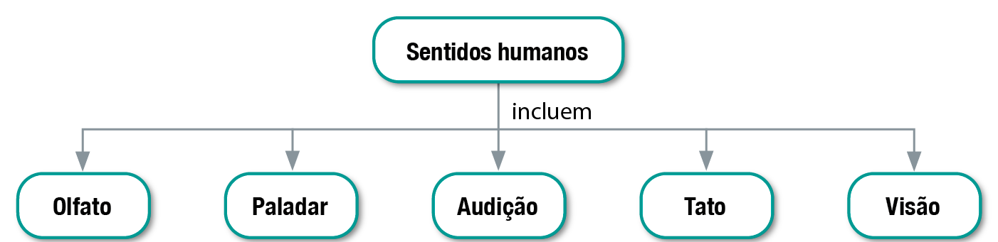 Esquema. Sentidos humanos incluem: Olfato; Paladar; Audição; Tato; Visão.