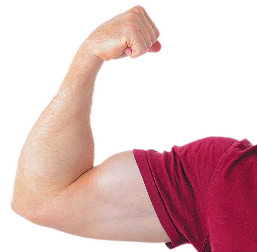 Fotografia. Destaque para os músculos do braço de uma pessoa de camiseta vermelha, com o braço dobrado e o punho fechado.