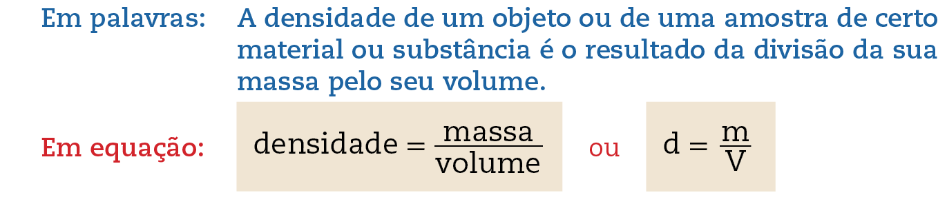 Em palavras: A densidade de um objeto ou de uma amostra de certo material ou substância é o resultado da divisão da sua massa pelo seu volume.
Em equação: densidade é igual a massa sobre volume ou d é igual a m sobre v.