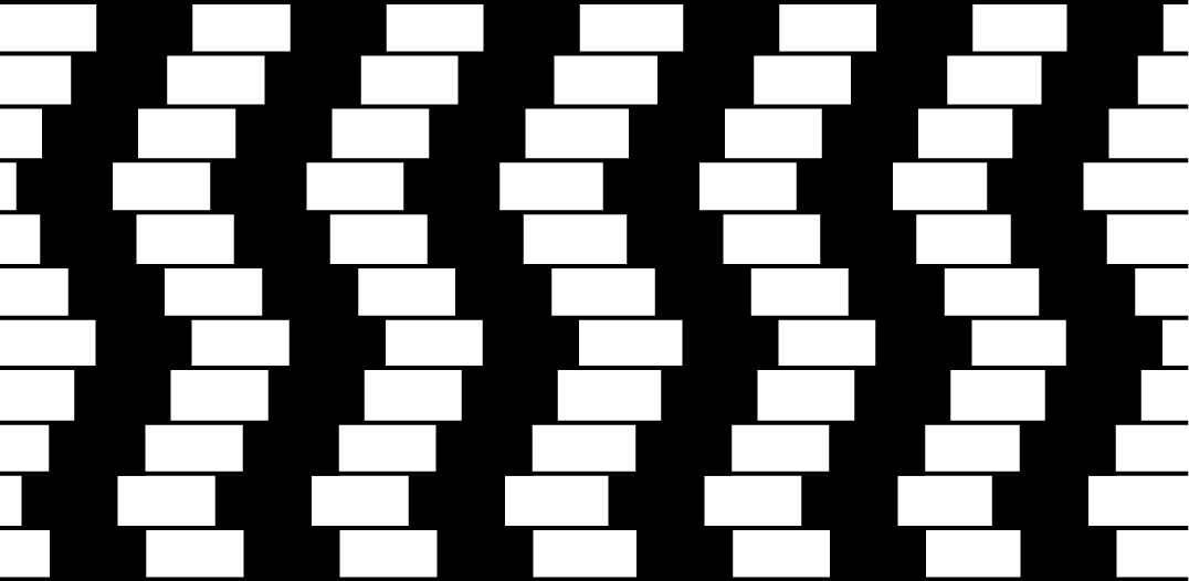 Ilustração. Linhas horizontais paralelas com retângulos preenchidos e vazios intercalados. Em cada faixa há o mesmo número de retângulos pretos, mas eles estão posicionados em lugares diferentes formando estruturas verticais em zigue-zague.