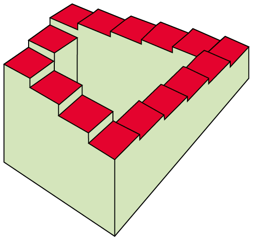 Ilustração. Blocos verdes com diferentes alturas formando uma estrutura fechada de quatro lados irregulares. Em cima de cada um há um quadrado vermelho.
