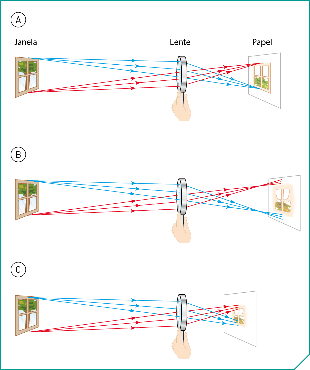 Esquema A. Do lado esquerdo,  janela com uma árvore do lado de fora. Do ponto médio superior saem setas azuis e do ponto inferior, setas vermelhas. As setas passam por uma lente, se cruzam e convergem em um papel, do lado direito, onde a janela aparece invertida.
Esquema B. Do lado esquerdo,  janela com uma árvore do lado de fora. Do ponto médio superior saem setas azuis e do ponto inferior, setas vermelhas. As setas passam por uma lente, se cruzam e chegam desalinhadas em um papel mais afastado do lado direito, onde aparece a janela invertida fora de foco.
Esquema C. Do lado esquerdo, janela com uma árvore do lado de fora. Do ponto médio superior saem setas azuis e do ponto inferior, setas vermelhas. As setas passam por uma lente, se cruzam e chegam desalinhadas em um papel, mais próximo do lado direito, onde aparece a janela invertida menor e fora de foco.