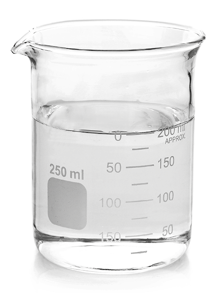 Fotografia. Um recipiente de vidro de formato cilíndrico graduado com capacidade de 250 mililitros contendo 200 mililitros de líquido transparente dentro.