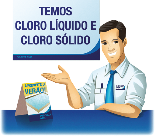 Ilustração. Homem branco de cabelo preto, camisa e gravata azul sorri. Ele está apoiado em uma mesa e ao lado dele um panfleto com a ilustração de uma piscina e a palavra verão. Em cima, pôster com texto: temos cloro líquido e cloro sólido.