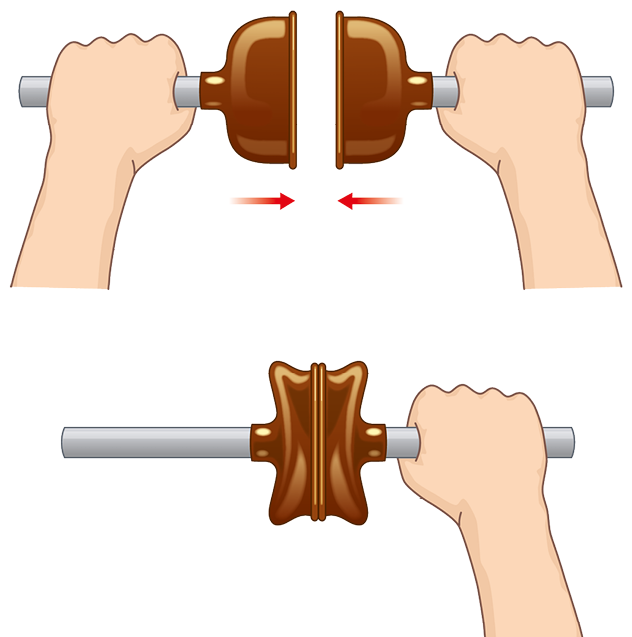 Ilustração. Destaque para as mãos de uma pessoa segurando dois desentupidores, um na frente do outro. Há duas setas na horizontal apontando para o centro, indicando o sentido do movimento.
Ilustração. Destaque para a mão de uma pessoa segurando dois desentupidores unidos pela borda de borracha.