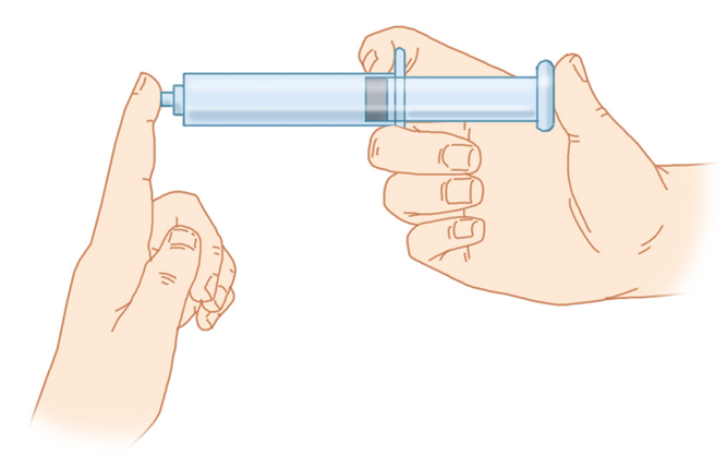 Ilustração. Destaque para mãos de uma pessoa segurando uma seringa. Com o dedo indicador ela tampa a ponta da seringa e com o polegar da outra mão, ela aperta o êmbolo.