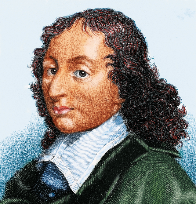 Ilustração. Blaise Pascal, homem branco com cabelos pretos cacheados na altura dos ombros, de cabeça pequena e olhos grandes. As sobrancelhas são arqueadas, o nariz é grande e os lábios, pequenos. Tem uma marca no queixo. Veste blusa com grande gola branca e casaco verde.