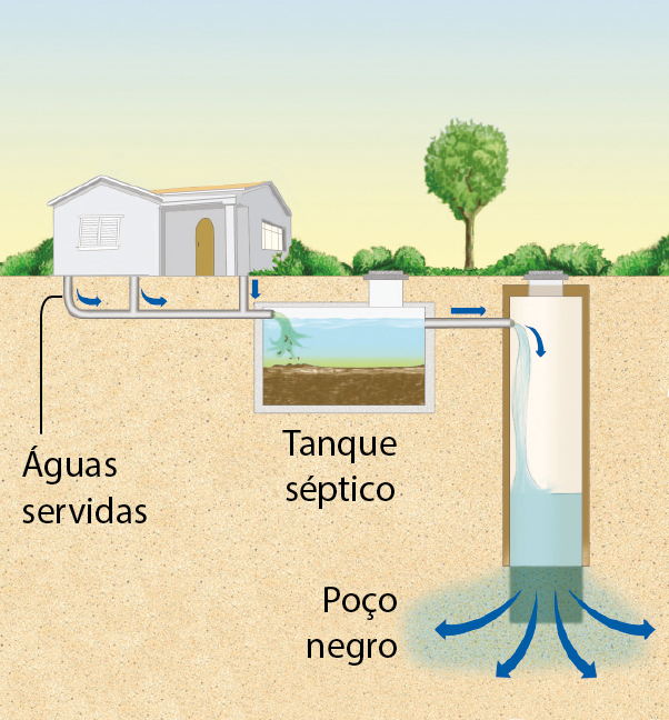 Esquema. Uma casa rodeada por árvores e arbustos. Em um corte feito na imagem, é possível observar o que há abaixo do solo. Canos levam águas servidas (águas derivadas de banheiros, cozinhas e máquinas de lavar roupa, por exemplo) até um tanque séptico, com lodo na parte inferior e água na parte superior. Desse tanque sai um outro cano até um tanque de maior profundidade, poço negro, onde chega a água e a mesma infiltra no solo pela parte inferior do tanque.