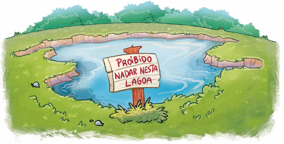 Ilustração. Lagoa rodeada por grama. Na frente, placa de madeira com o texto: proibido nadar nesta lagoa.