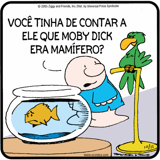 Charge. Menino careca de camiseta azul. Ele olha para um papagaio verde que está em um poleiro ao seu lado e diz: você tinha de contar a ele que o Moby Dick era mamífero? Na frente deles há um aquário redondo com um peixe laranja dentro