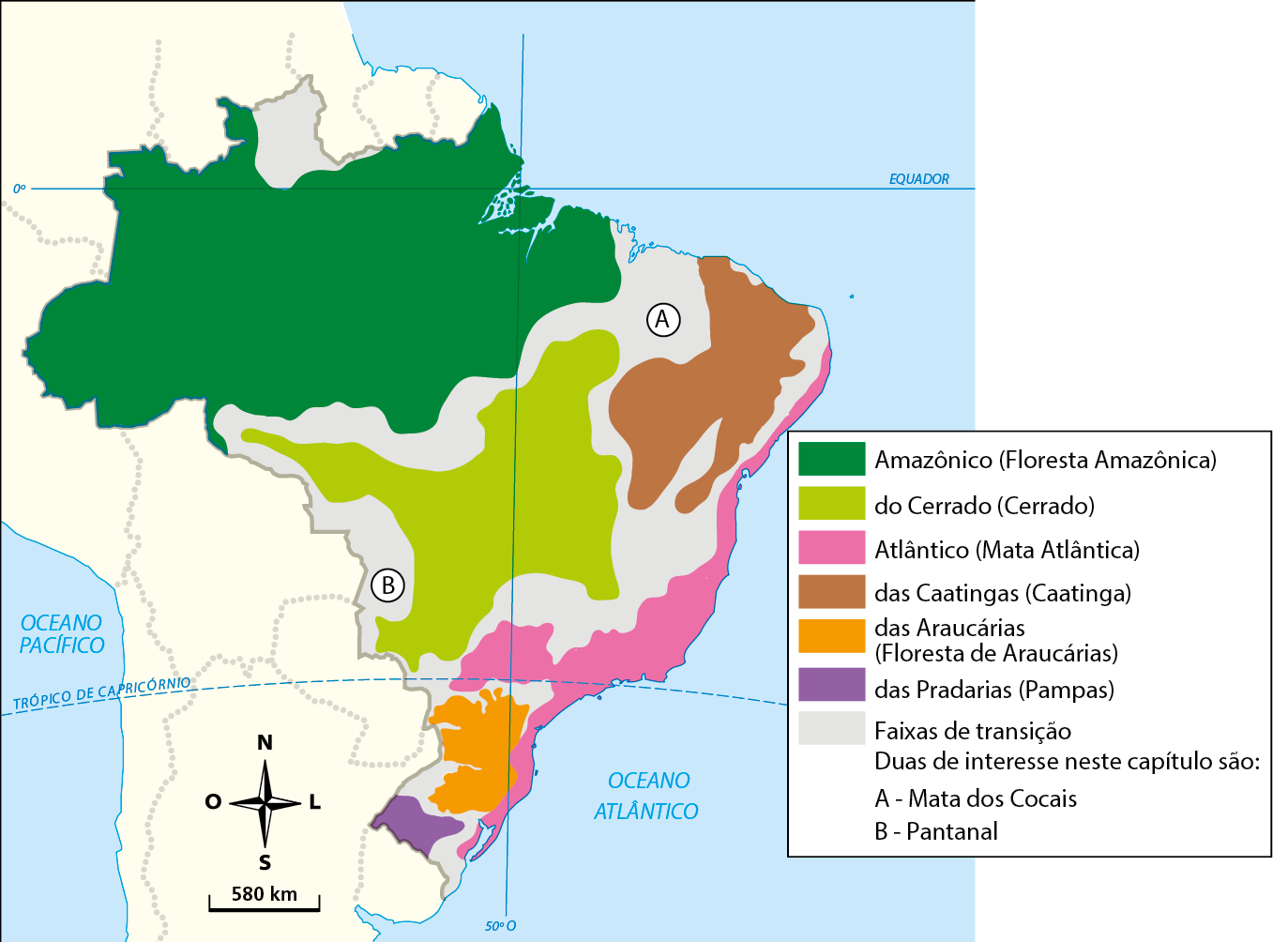 Mapa. Mapa do Brasil com áreas coloridas de diferentes cores representando biomas. Amazônico (Floresta Amazônica) (em verde escuro): maior parte da região Norte. Do Cerrado (Cerrado) (em verde claro): toda a parte central do país. Atlântico (Mata Atlântica) (em rosa): litoral das regiões Nordeste, Sudeste (com uma porção interior) e Sul. Das Caatingas (Caatinga) (em marrom): parte da região Nordeste. Das Araucárias (Floresta de Araucárias) (em laranja): partes da região Sul. Das Pradarias (Pampas) (em roxo): sudoeste da Região Sul. Faixas de transição (em cinza): entre as áreas coloridas. Duas de interesse neste capítulo são: A - Mata dos Cocais – Nordeste, entre bioma amazônico e das Caatingas. B – Pantanal: Centro-Oeste, entre o bioma de Cerrado e a fronteiras com demais países da América Latina (representados em tom amarelo claro com a divisão política). Na parte inferior esquerda do mapa, rosa dos ventos com a escala indicando que 1 centímetro corresponde a 580 quilômetros.