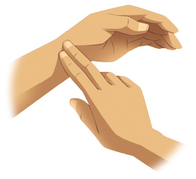 Ilustração. Mão direita de uma pessoa com dois dedos esticados encostados no pulso da mão esquerda.